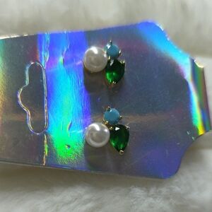 Source Unknown Pearl, Green and Turquoise Cluster Stud Earrings